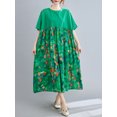 thumbnail image 2 of Vestido vintage de lino de algodón, empalme con estampado, cuello redondo, bolsillo de manga corta Eccomum Cuello en O verde, 2 of 7