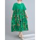 thumbnail image 2 of Vestido vintage de lino de algodón, empalme con estampado, cuello redondo, bolsillo de manga corta MABOTO Cuello en O verde, 2 of 7