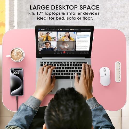 Folding Lap Desk, 23.6 Inch Wood Laptop Bed Desk with Cup Holder, Portable Bed Table for Working Writing Reading & Eating for Bed, Sofa, Couch, Floor - Pink
