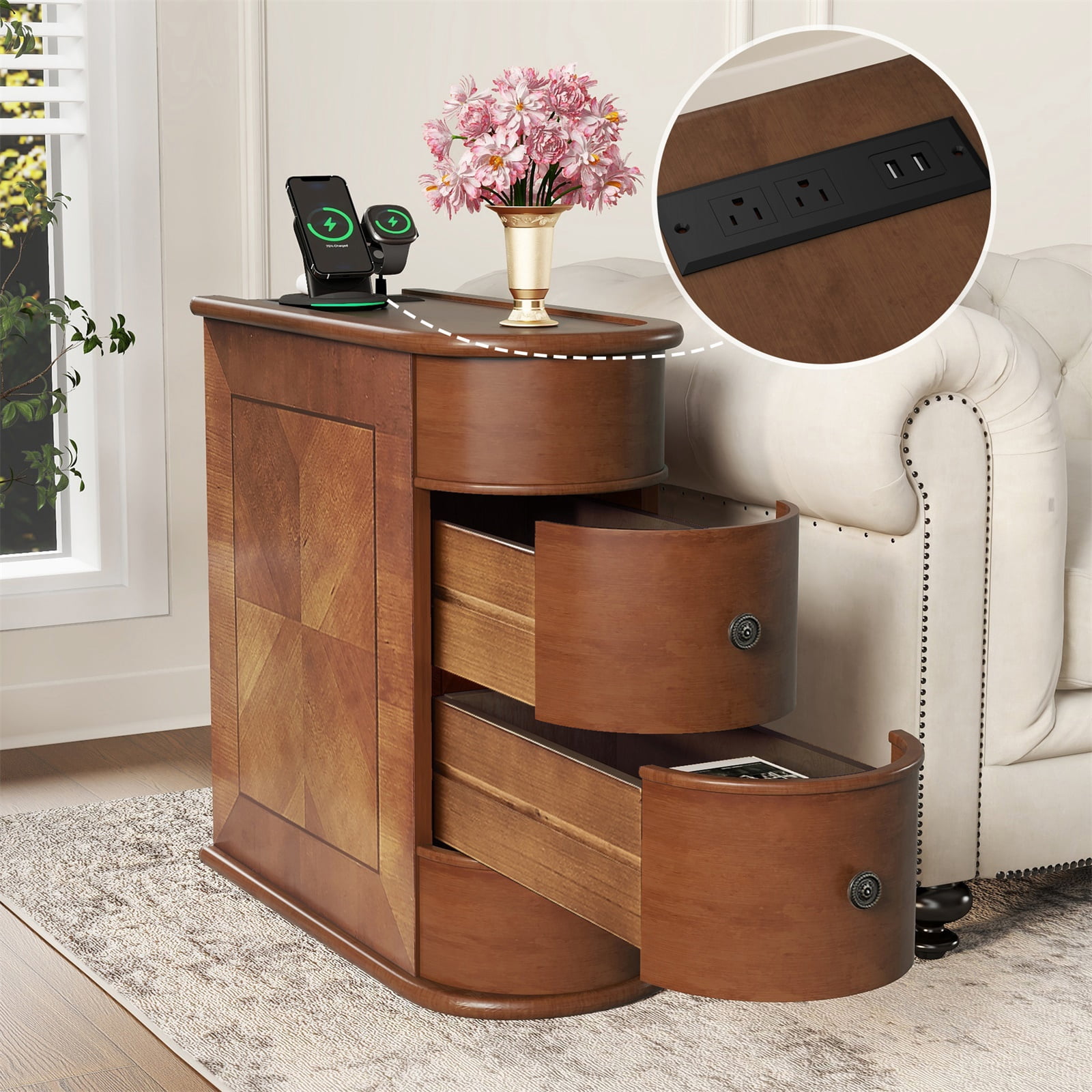 Hommoo Vintage Wood Sofa Side Table with Charging Station, 3 Drawers End Table Nightstand for Bedroom, Living Room, Closet, Walnut