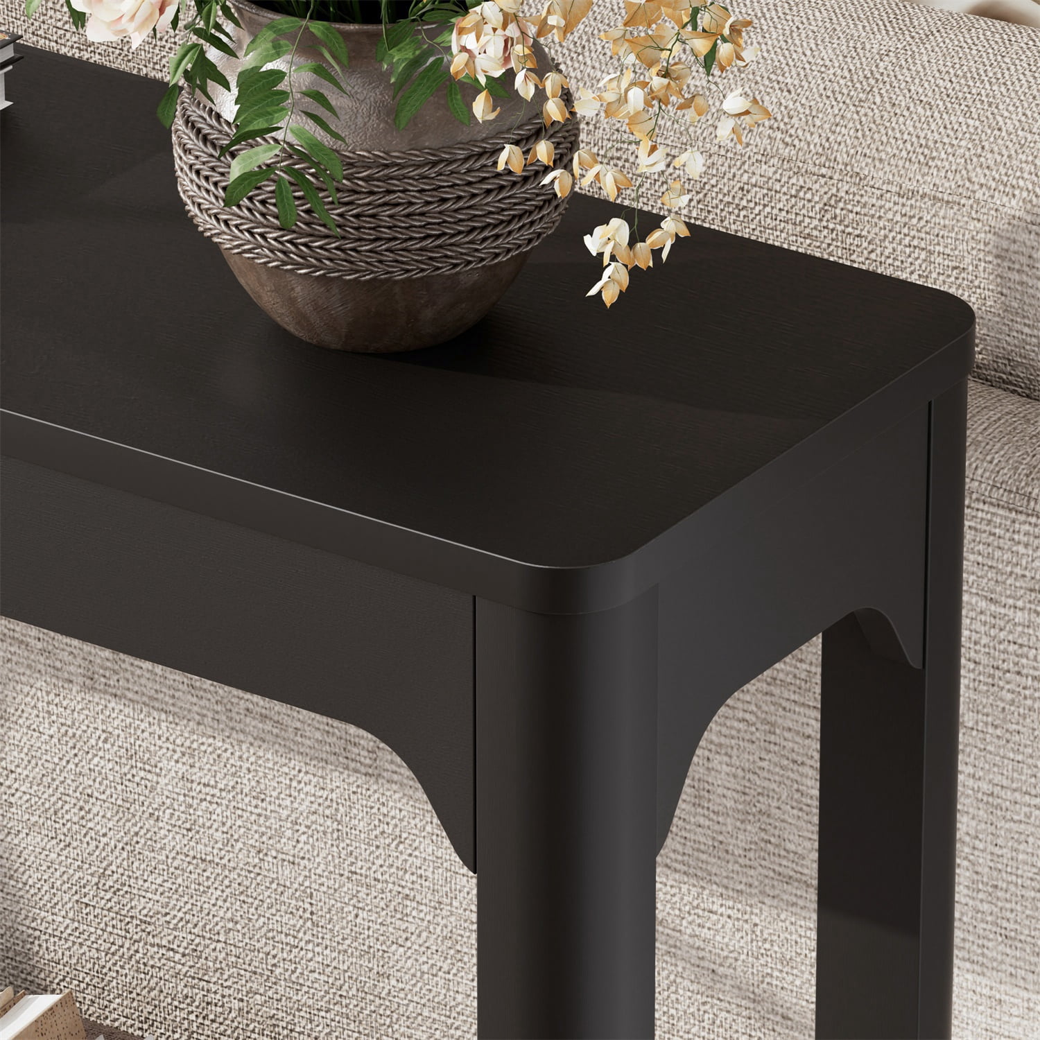 Hommoo 55.1-inch Modern Curved-Leg Console Table, Slim Entryway & Sofa Back Table with Open Shelf, Space-Saving Hallway Storage Table for Living Room, Entryway, Office, Black
