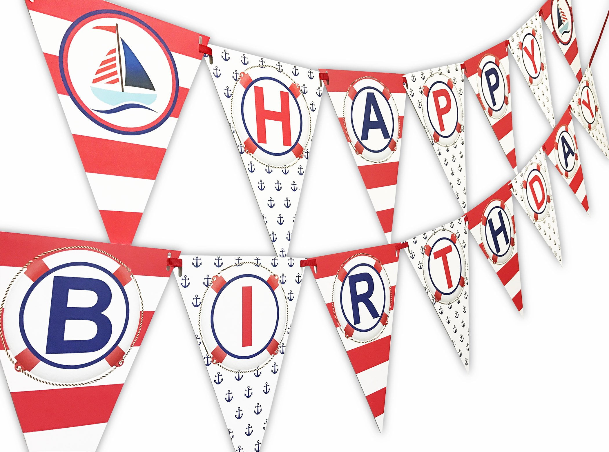 Nautical RED Happy Birthday Banner Pennant - Sailboat Party Banner - Made in the USA