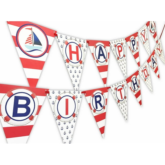Nautical RED Happy Birthday Banner Pennant - Sailboat Party Banner - Made in the USA