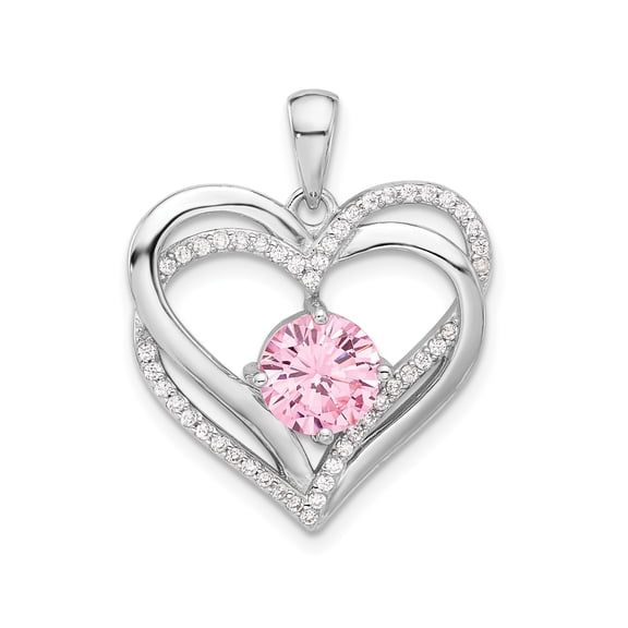 925 Sterling Silver Double Heart Pendant Charm with Pink and White Cubic Zirconia