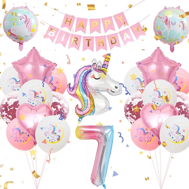 Set de decoración de fiesta con forma de unicornio para niñas que cumplen 7 años con globos