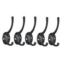 Unique Bargains Dual Prong Coat Hooks Wall Mounted Retro Double Hooks Utility Black Hook for Coat Towel Hat 87mm x 29mm x 42mm 5Pcs