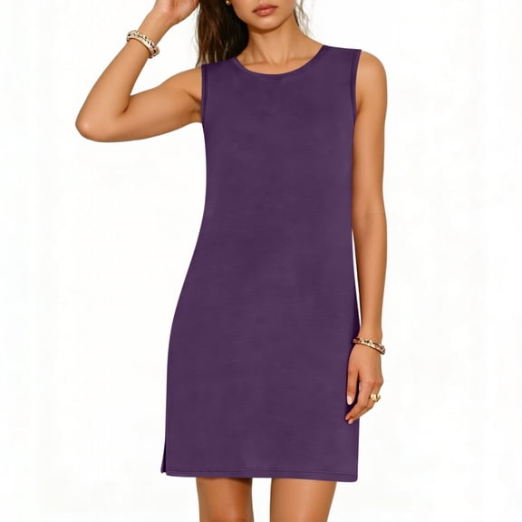 Aursykel Summer Dresses for Womens Casual Slim Sleeveless Sundresses Tank Dresses Round Neck Shirts Dress