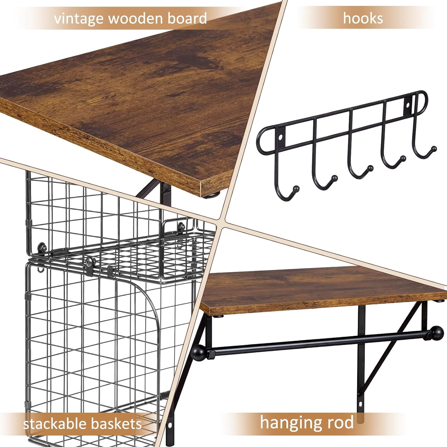 Wall Mounted Laundry Room Shelves with Wire Baskets and Drying Rods, Over Washer Dryer Storage Organizer, Wood Metal Black