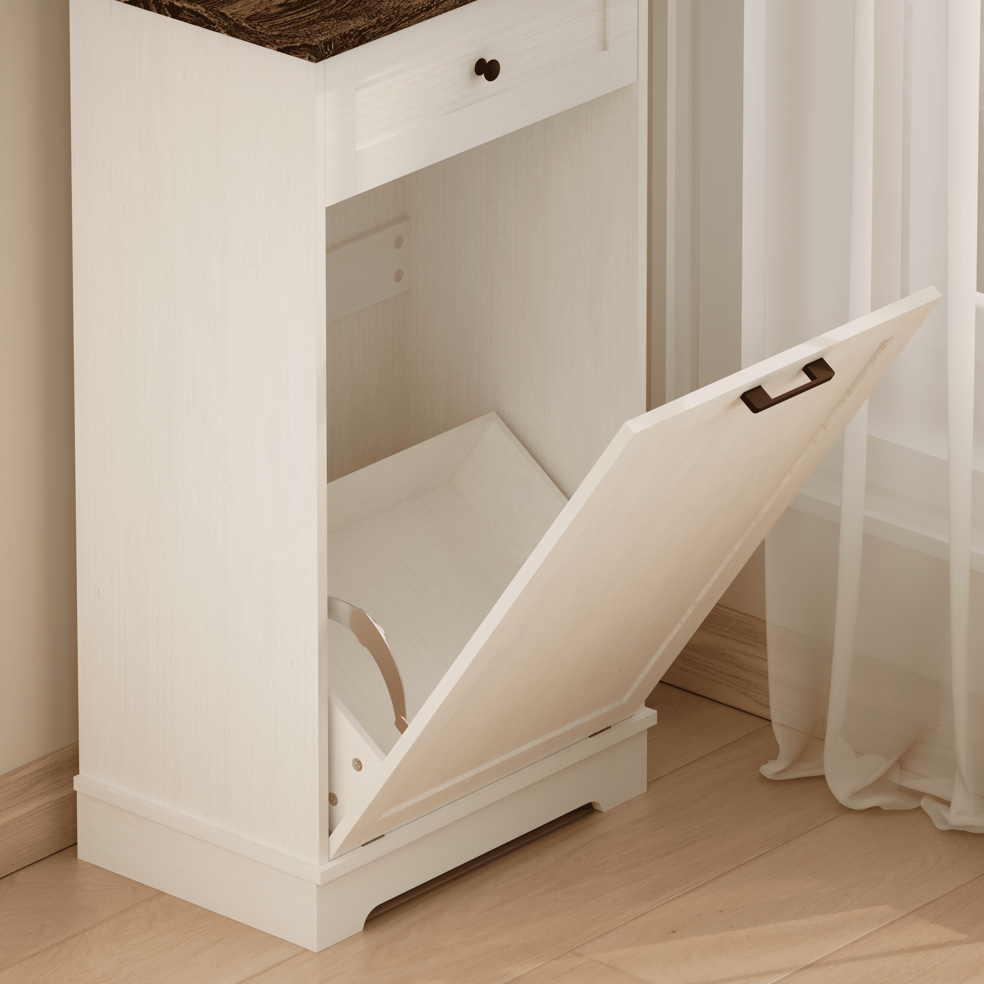 13 Gallon Tilt Out Trash Cabinet Freestanding Trash Bin Cabinet Wood Garbage Recycling Cabinet with Drawer Pet Proof Trash Can Holder for Kitchen Living Room, Antique White (Not include trash can)