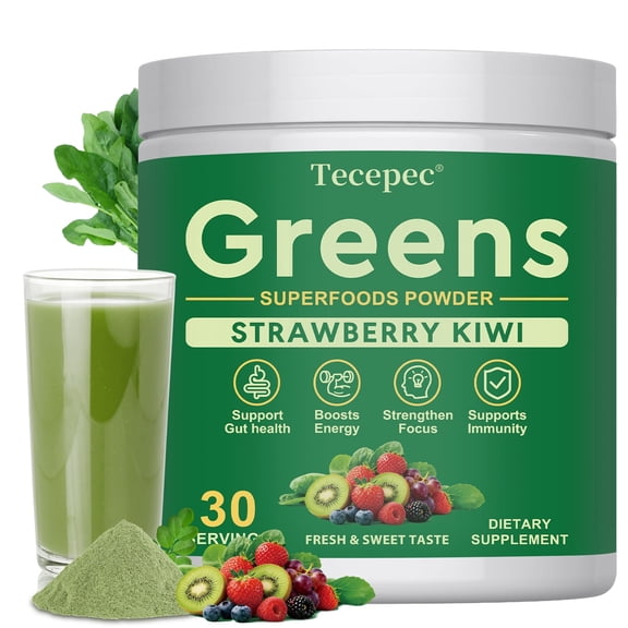 Tecepec Greens Superfoods Multivitamin Powder, Strawberry Kiwi, for Gut and Energy Support,30 Servings