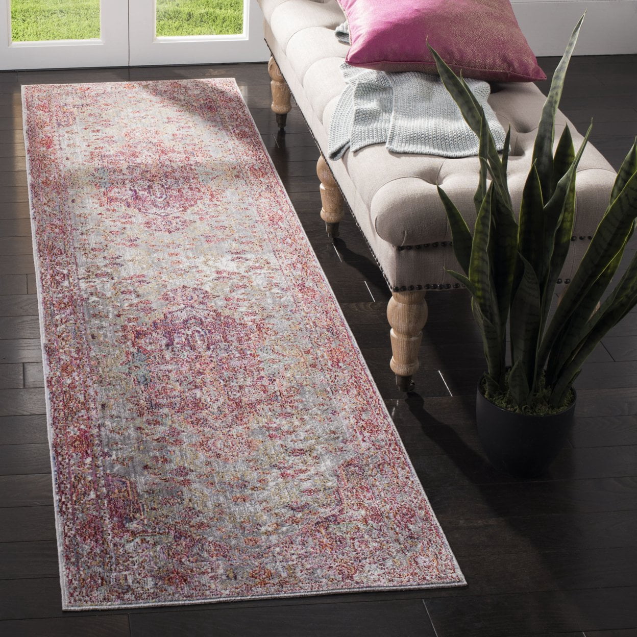 SAFAVIEH Valencia Autumn Distressed Oriental Polyester Area Rug, Grey/Red, 8' x 10'