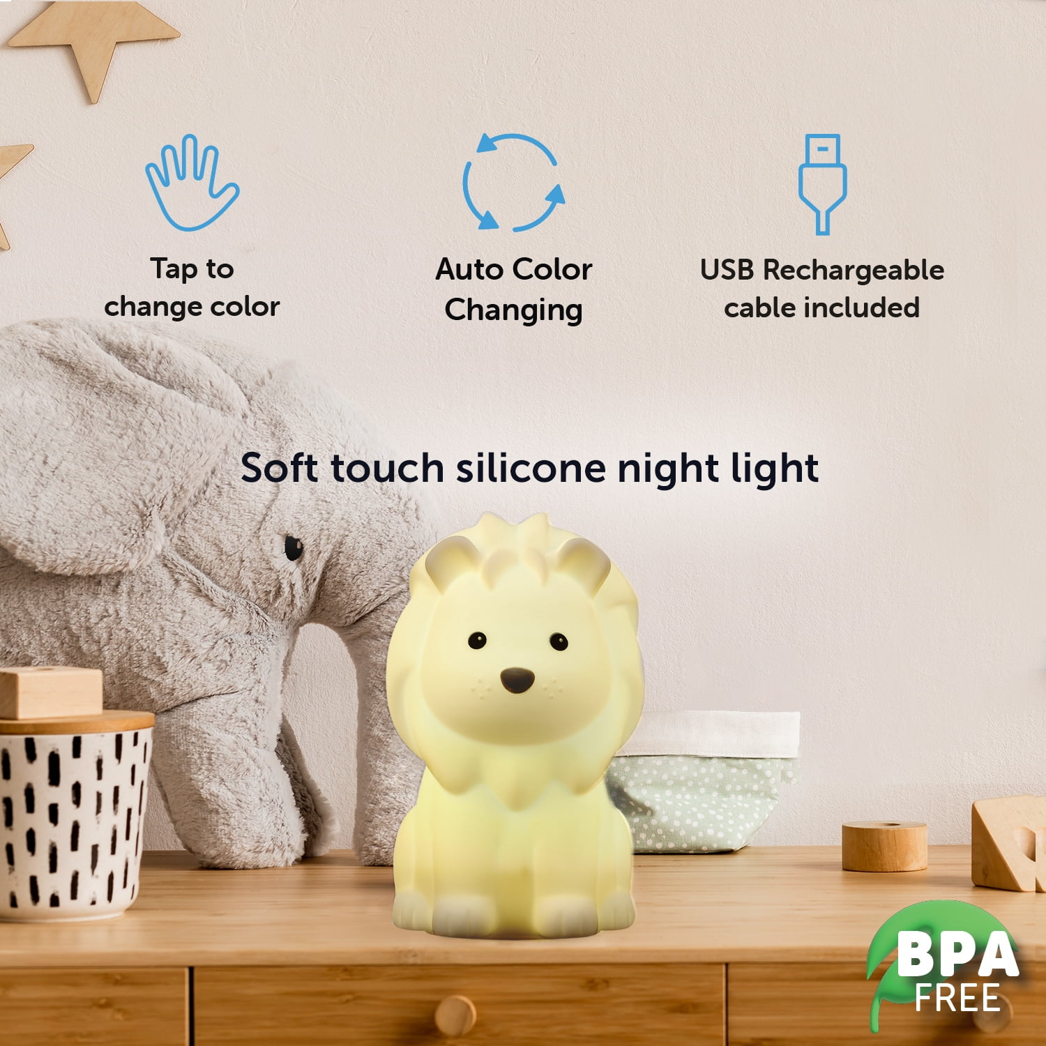 Globe Electric Lion 6" Color Changing LED Rechargeable Silicone Night Light Lamp, 91004703