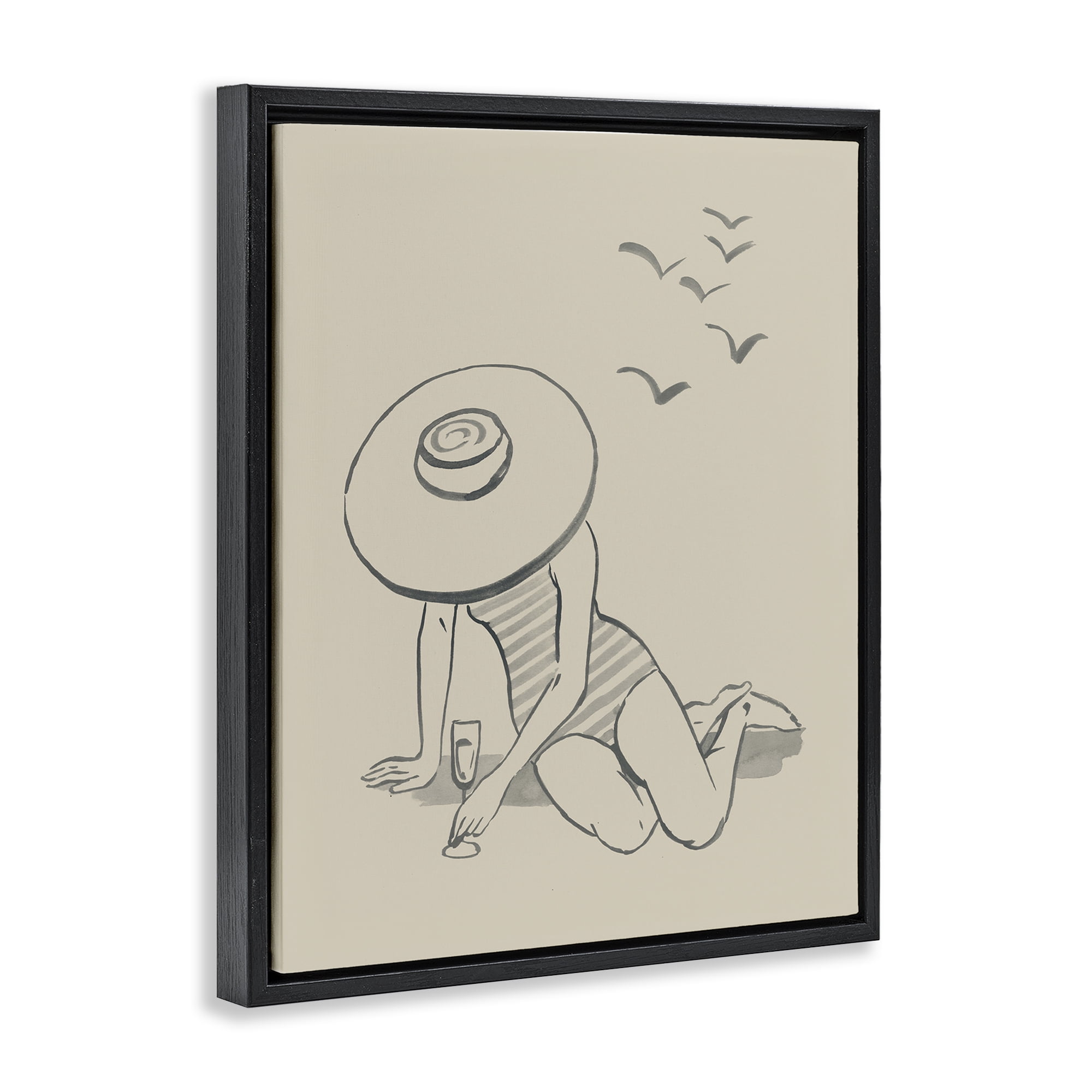 Stupell Industries Girl on Beach Sketch Novelty Drawing Black Floater Framed Canvas Art Print Wall Art, 17 x 21