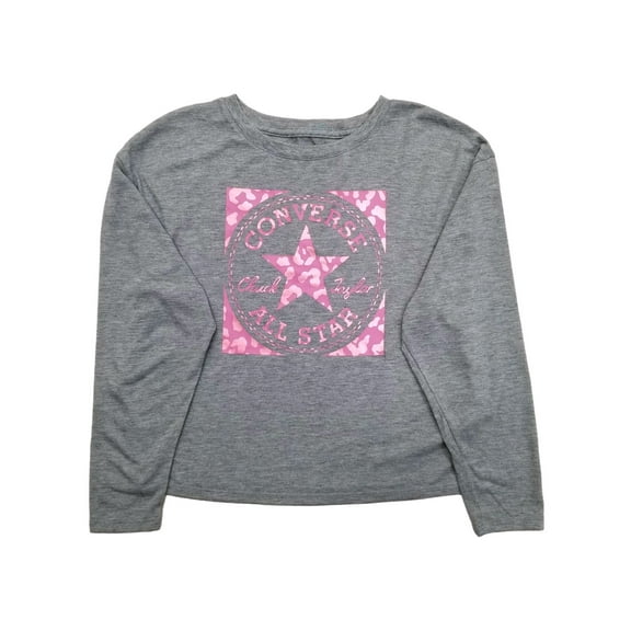 Converse Girls Heather Gray Pink Leopard Long Sleeve T-Shirt Tee Shirt M (8/10)