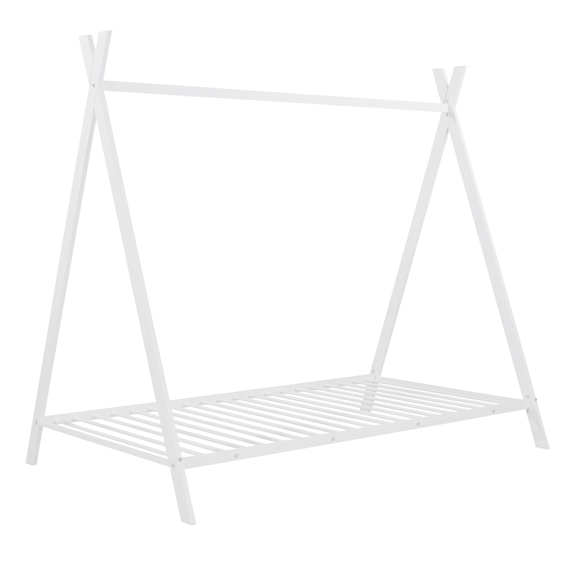 Gewnee Twin Size Metal Tent Bed Floor House Bed with with x-Shaped Frame for Kids,White