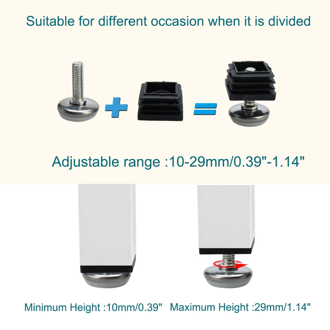 M8 Leveling Feet Square Tube Inserts Furniture Leveler 4 Set