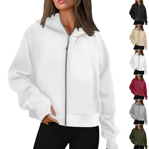 Autumn Cropped Hoodies for Women Oversize Fit Autumn Sweatshirt Lightweight Zip-up Hoodie Streetwear with Pockets Gym Workout Athleisure Casual Daily Essentials