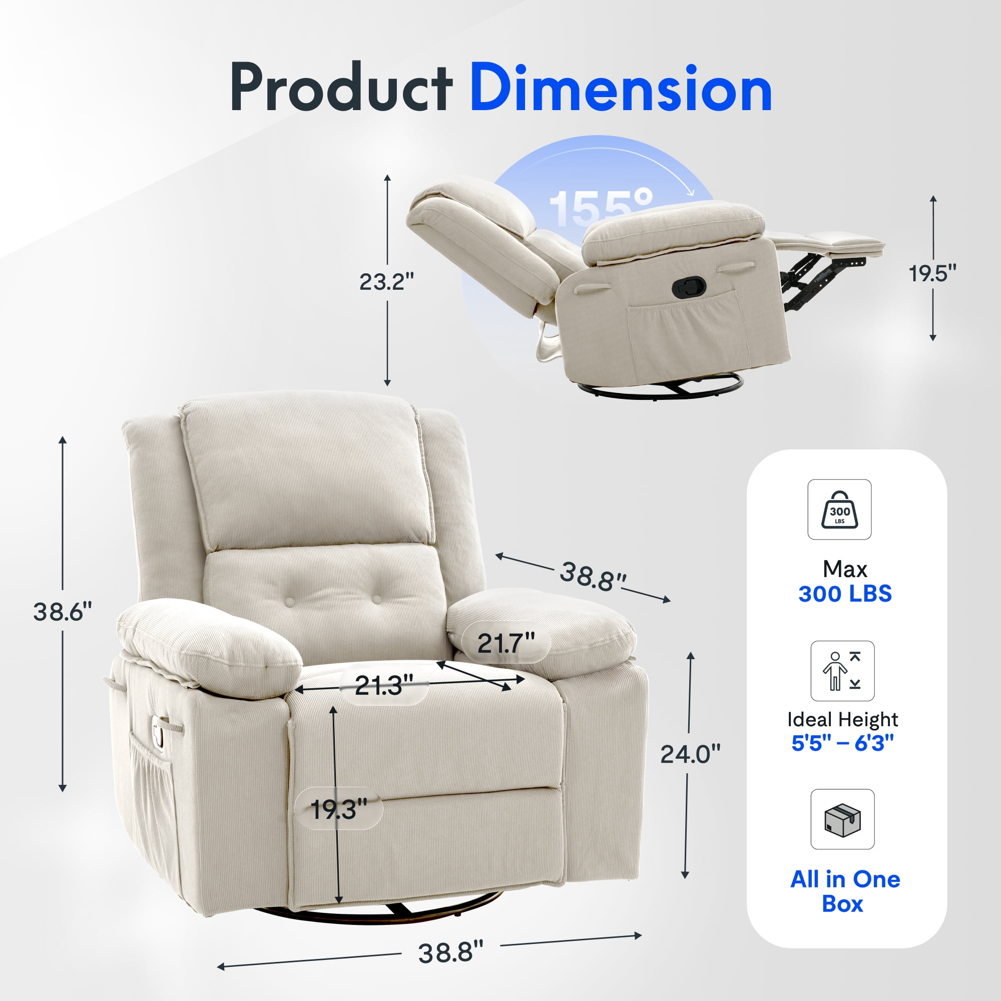 FlexiSpot Swivel Recliner Chair with Heat & Massage, 3-Position Adjustable Backrest, Soft Woven Fabric Nursery Glider with 360° Swivel, Wide Armrests, Large Side Pockets & 300 lbs Support,Beige