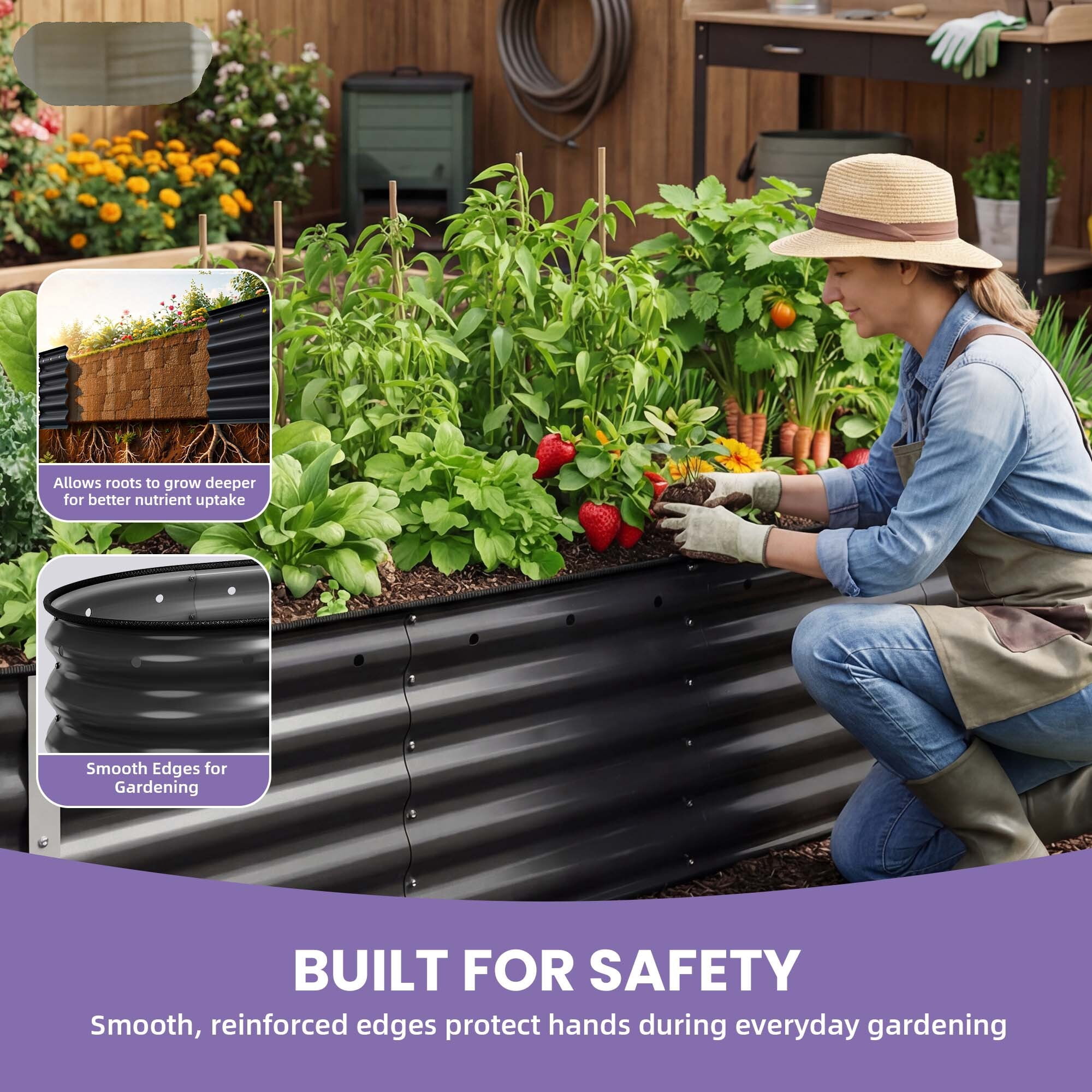Uforic 8x2x1.5ft 17" Tall 9 in 1 Large Galvanized Metal Raised Garden Bed Kit, Black Outdoor Above Ground Planter Box with Gloves and Safety Accessories for Vegetables Flowers Plants