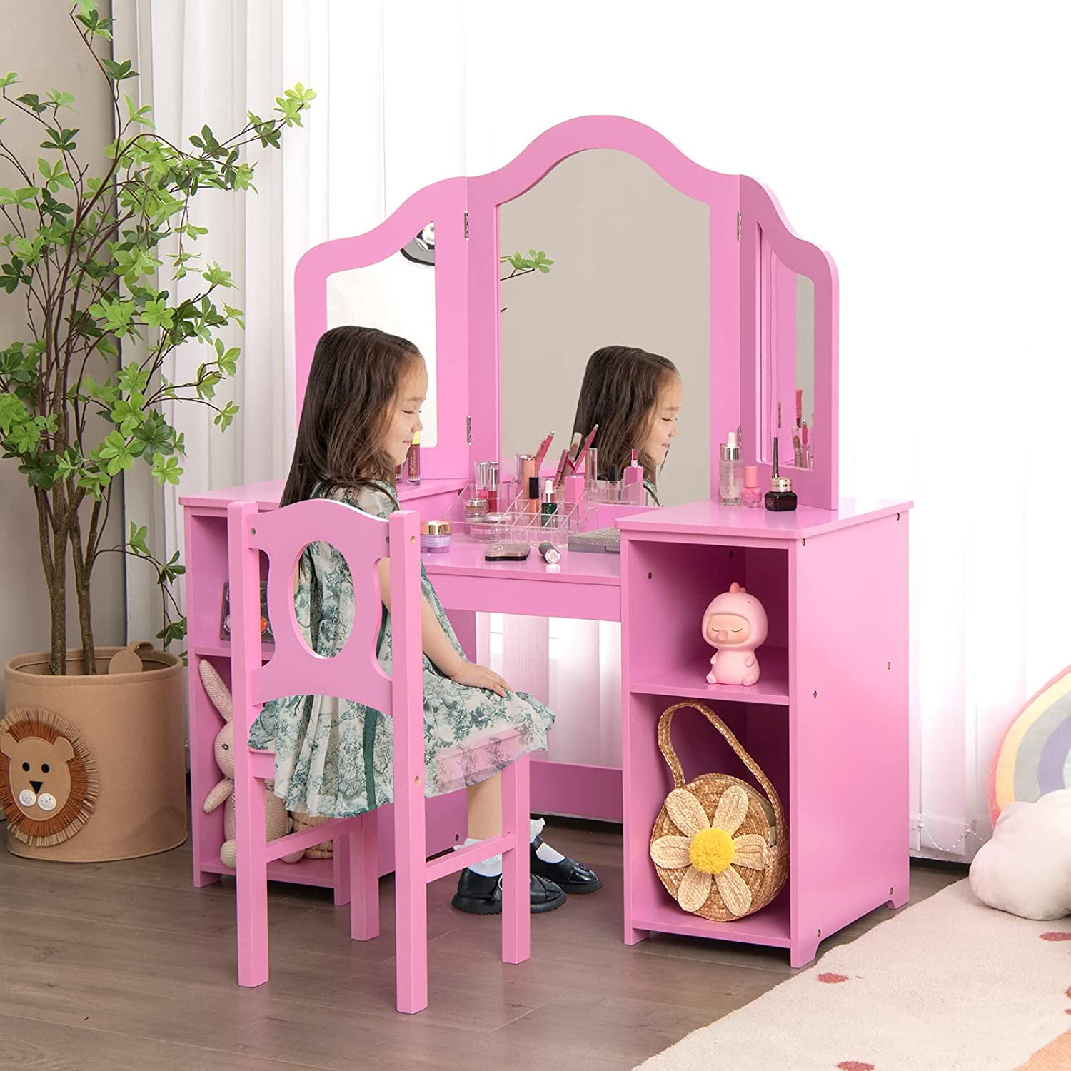 INFANS Kids Vanity 2 in 1 Princess Makeup Desk Chair Set with Tri Folding Detachable Mirror Storage Shelves Wooden Dressing Table Pretend Play