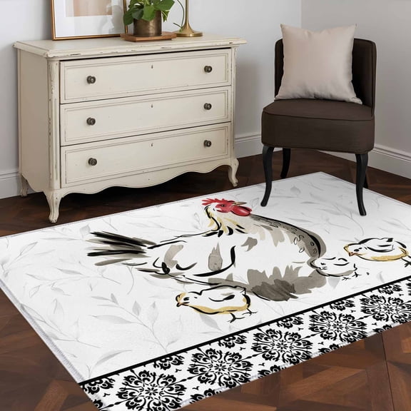 3'x5' Area Rugs, Chicken Indoor Outdoor Area Rug for Living Room Bedroom, Farmhouse Country Animal Black Flower Leaf Washable Bathroom Rugs Kitchen Floor Carpet Mats Home Decor Aesthetic
