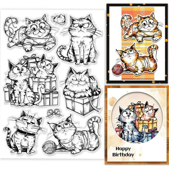 Cartoon Gift Cat Clear Stamps Yarn Cat Clear Stamps Pet Cat Silicone Stamps for DIY Scrapbooking Photo Album Decorative Cards Making Home Decoration 8.27x5.83inch Mixed Color DIY