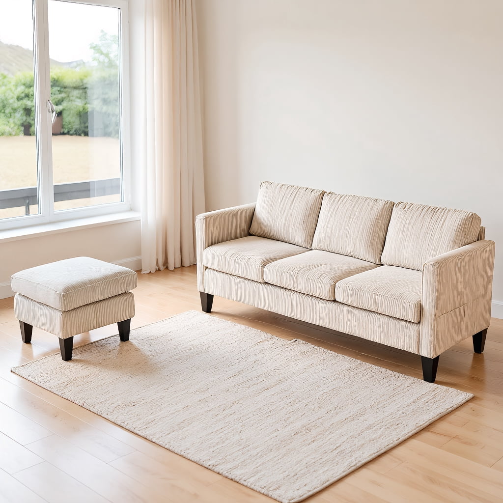 L-Shaped Sectional Couch 67 inch Corduroy 3-Seater Sofa with Reversible Chaise for Small Space Apartment Dorm Living Room Modern Off White