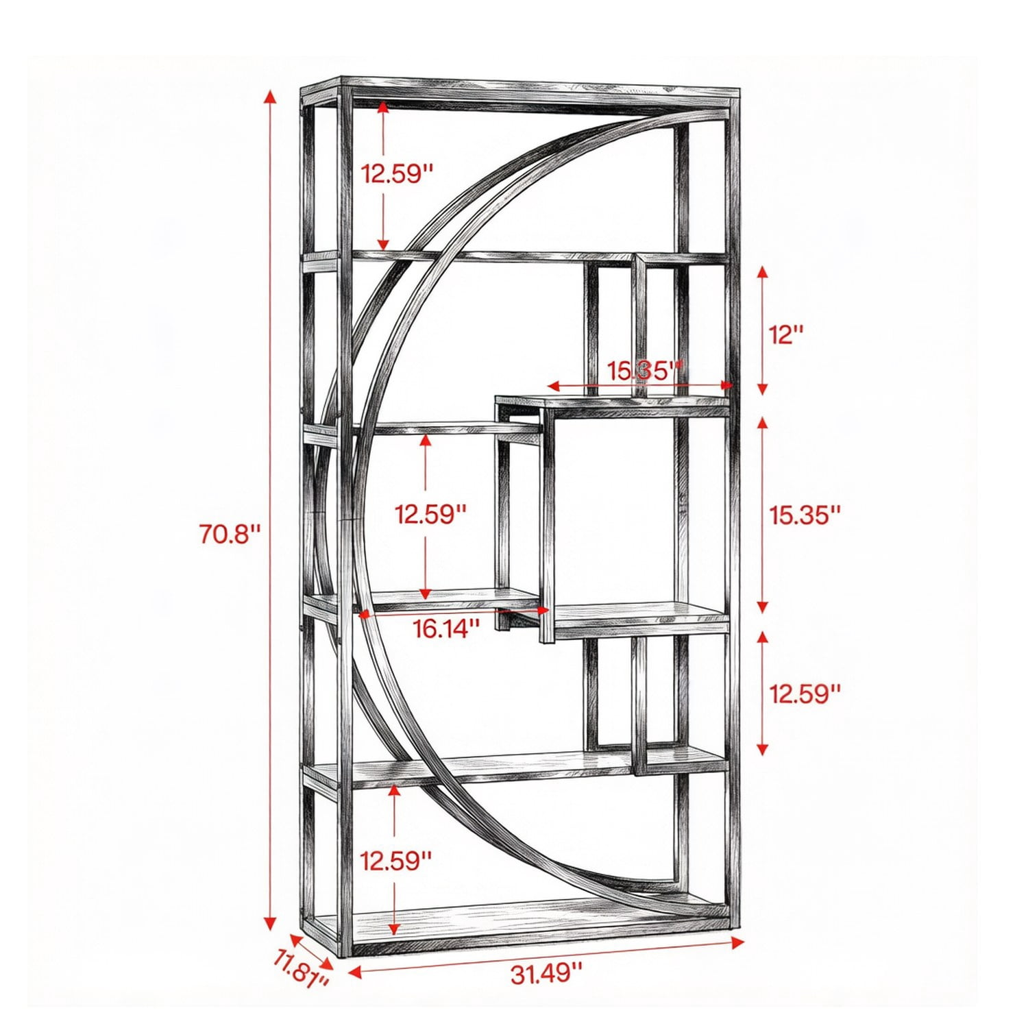 Bookshelf, 5-Tier Geometric Bookcase with 8 Open Shelves, Particle Board and Metal Frame, 48.03 in x 14.17 in x 9.84 in