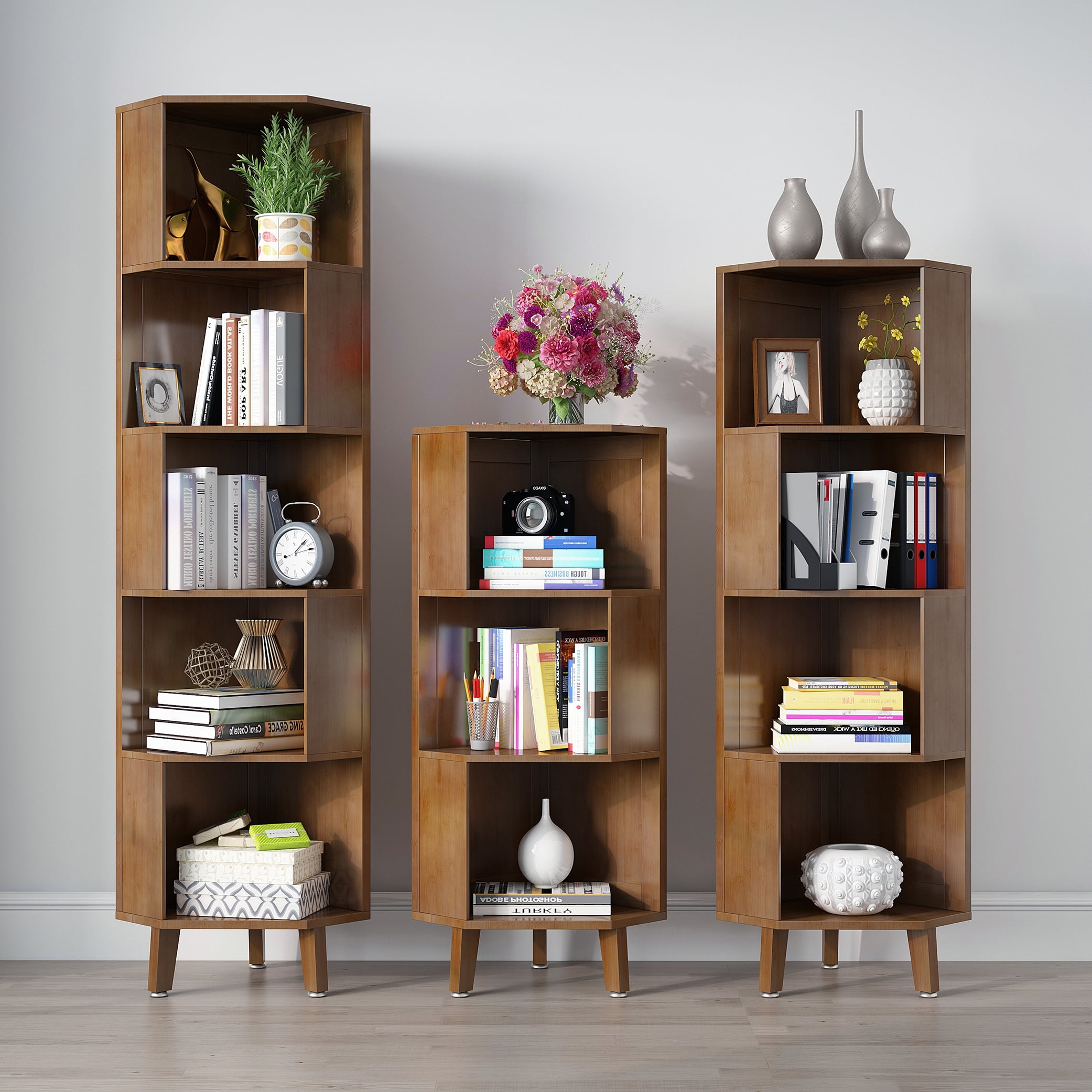 BALANBO 5-Tier Cube Corner Bookshelf Bamboo Corner Bookcase Brown,Modern Display Storage Rack,Brown