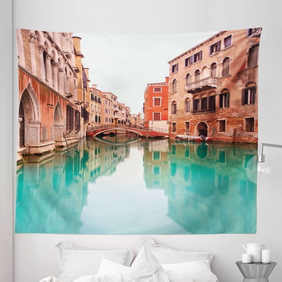 Venice Tapestry, Water Canal and Bridge Typical Venetian Architecture Buildings and a Boat, Fabric Wall Hanging Decor for Bedroom Living Room Dorm, 5 Sizes, Turquoise Cinnamon, by Ambesonne