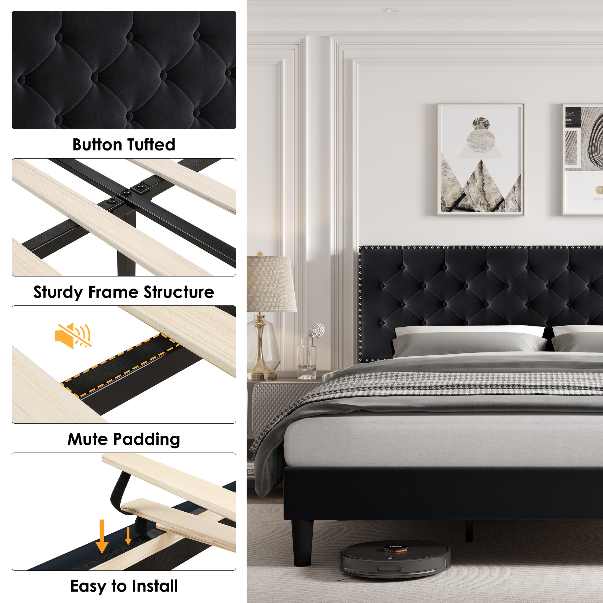 Homfa King Size Bed, Modern Upholstered Platform Bed Frame with Adjustable Headboard for Bedroom, Black - image 6 of 7