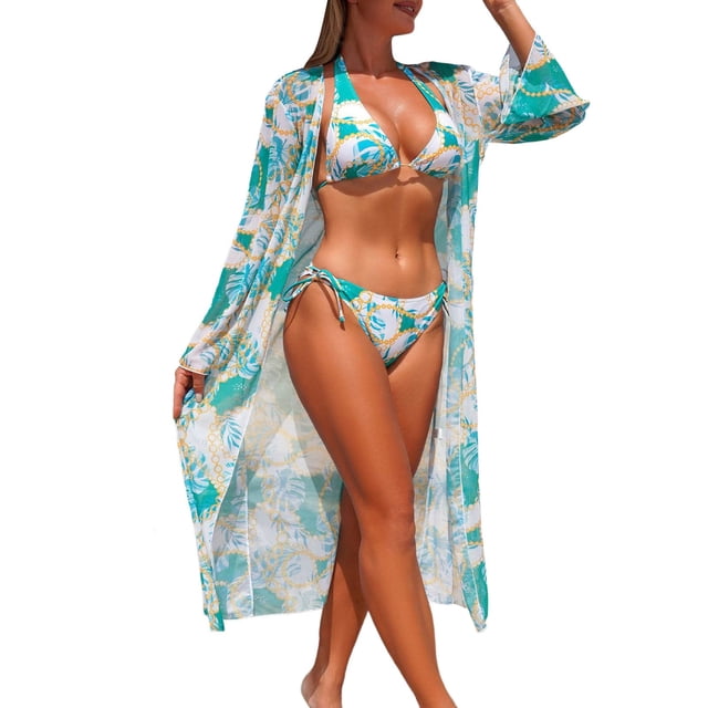 REDARER Stylish Mesh Bikini Three Piece Tankini Set with Matching Cover Up for Women