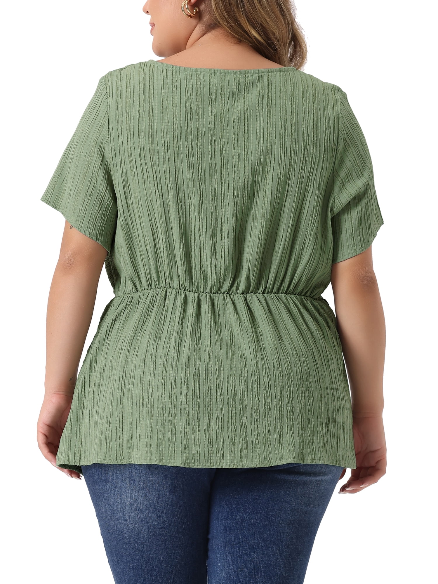 Unique Bargains Women Plus Size Asymmetrical Hem Round Neck Short Sleeve Twist Knot Top 2X Green