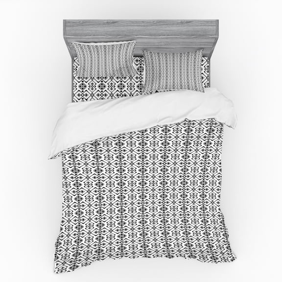 Ambesonne Geometric Bedding Set 4 Pcs, Modern Monochrome, Queen, Charcoal Grey and White