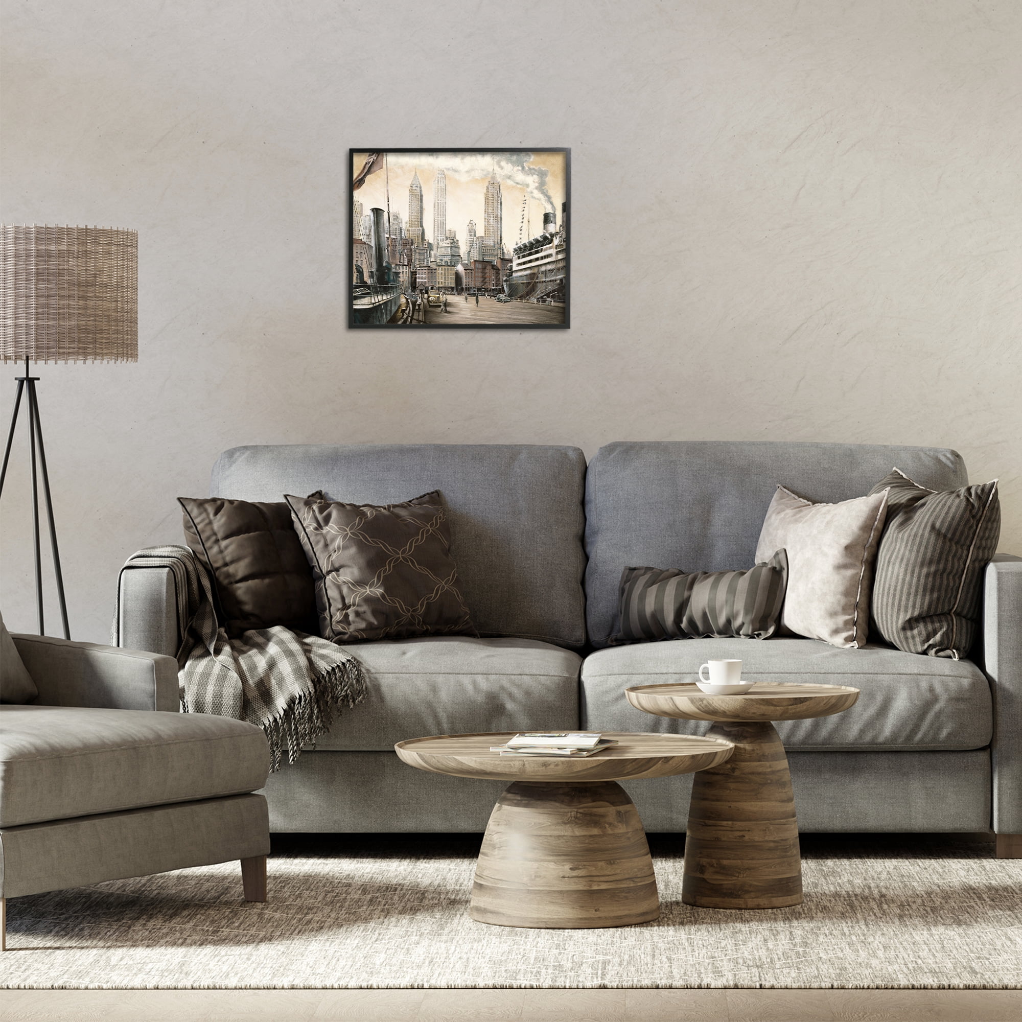Stupell Industries Urban Boat Harbour Scenery Painting Black Framed Art Print Wall Art, 20 x 16