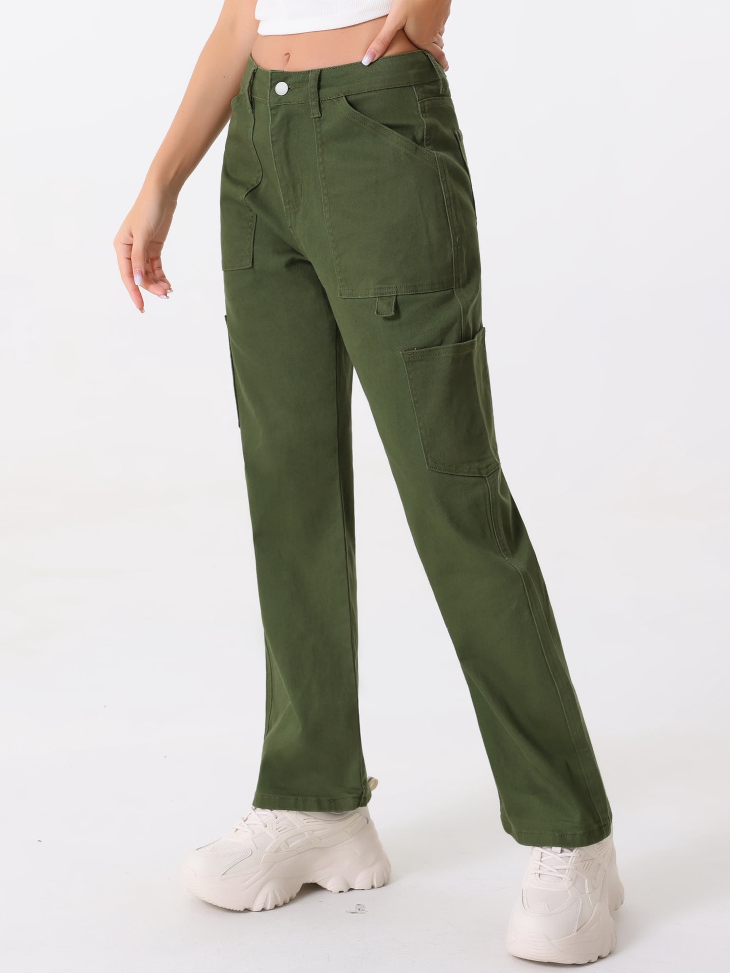 DARING DIVA Women's High Waist Baggy Y2K Street Cargo Pants with Pockets M Dark Green