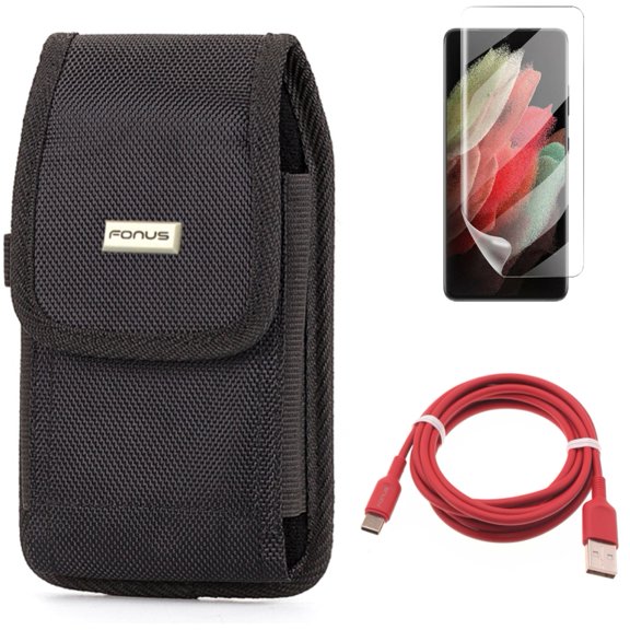 6ft USB-C Cable & Case Belt Clip & Matte Screen Protector for Samsung Galaxy S21 Ultra Phone - Red Charger Cord & Rugged Holster & TPU Film Anti-Glare Accessory Bundle