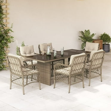 vidaXL 7 Piece Patio Dining Set with Cushions Beige Poly Rattan