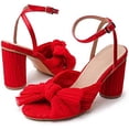 thumbnail image 4 of Pleated bow ankles with thick heels Women's Pleated Knotted Bow Heeled Sandals, Bridal Open Toe Wedding Shoes Ankle Strap Chunky Heels Pump Sandals, 4 of 8