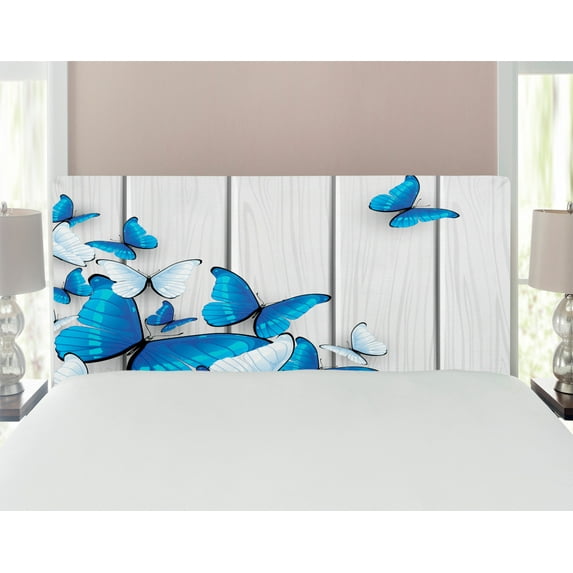 Butterflies Headboard, Blue and White Butterflies on Wooden Background Timber Wall Rustic Life, Upholstered Decorative Metal Bed Headboard with Memory Foam, Full Size, Grey White Blue, by Ambesonne