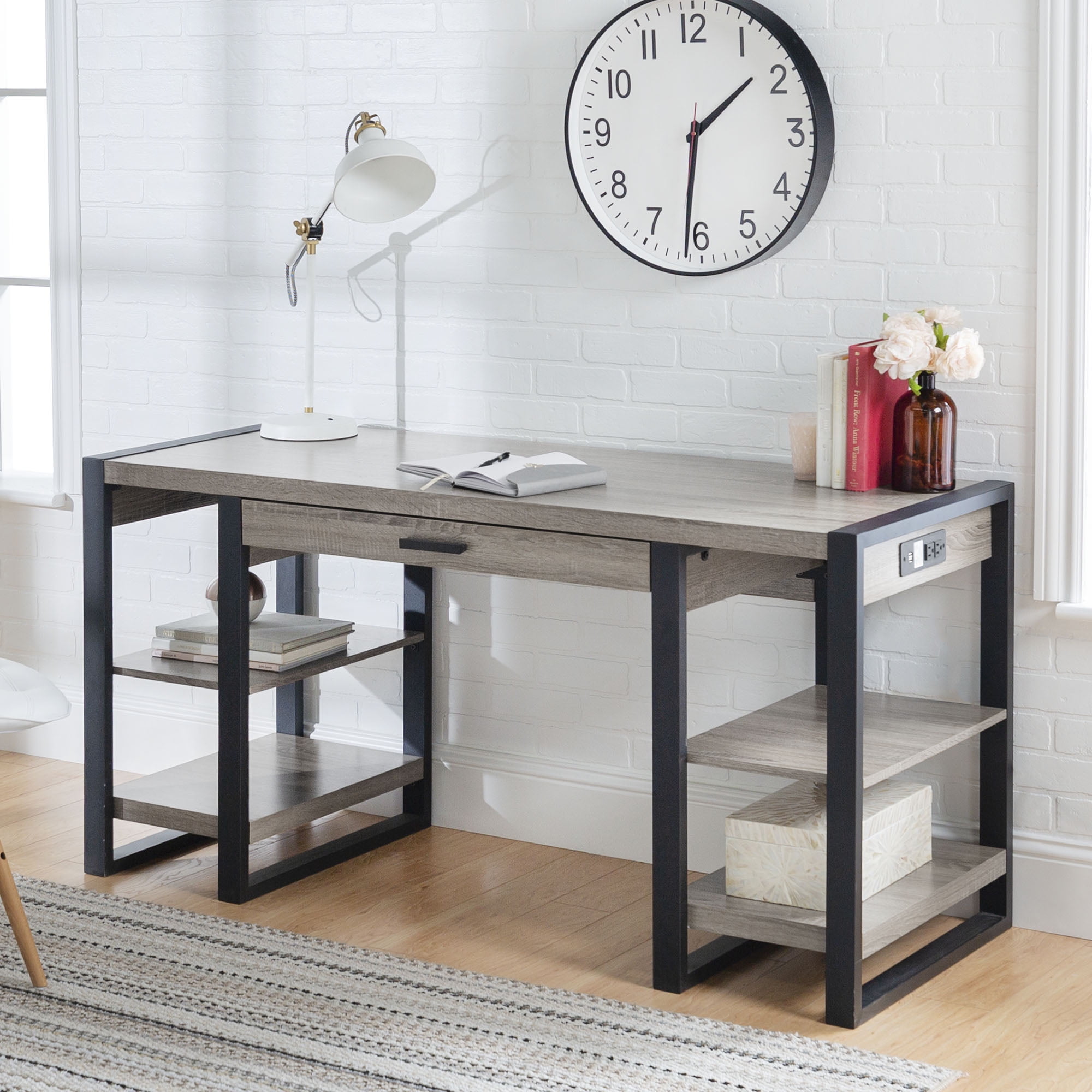 Walker Edison Industrial 4-Shelf Computer Desk with USB Port, Driftwood