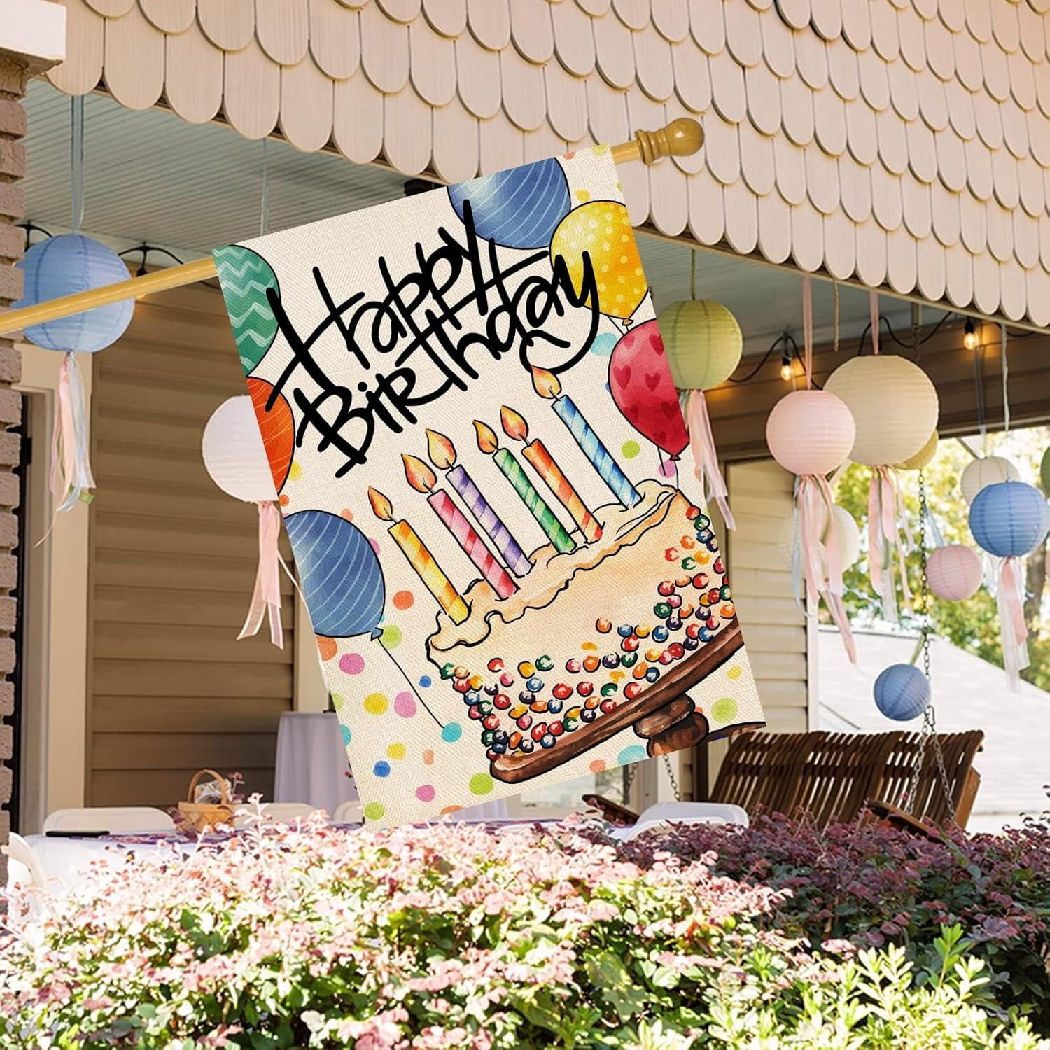 Happy Birthday Garden Flag Banner Big Cake Colorful Balloon Yard Flag Burlap Vertical Double-Sided Party Welcome Farmhouse Outdoor Outside Home House Decoration