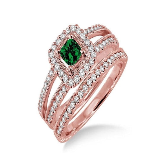 2 Carat Emerald & Diamond Antique Bridal set Halo Ring in 14k Rose Gold affordable emerald and diamond engagement ring