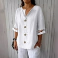 thumbnail image 2 of Olyvenn Womens Cotton Linen Shirt Summer Eyelet 3/4 Sleeve V Neck Button Down Blouses Business Casual Solid Color Tops White S, 2 of 5
