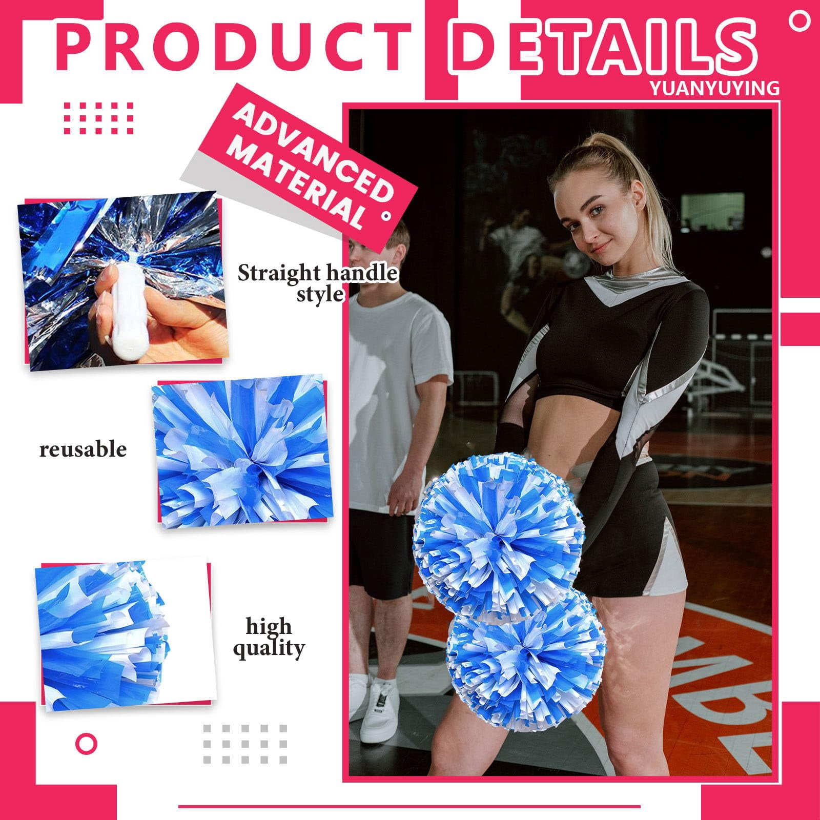 12 Pcs Cheerleading poms,13.7inch pom poms Cheerleading with Straight Handle Style Cheer Pom Pomsfor Dance, Matches, Team Spirit Sports