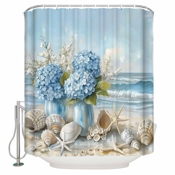 Small Stall Shower Curtain 48x72 Inch Narrow Half Size Hydrangeas Flowers Bath Curtains Bathroom Decor Coastal Seaside Starfish Summer Waterproof Fabric Shower Curtain Set with Hooks 48 Inch