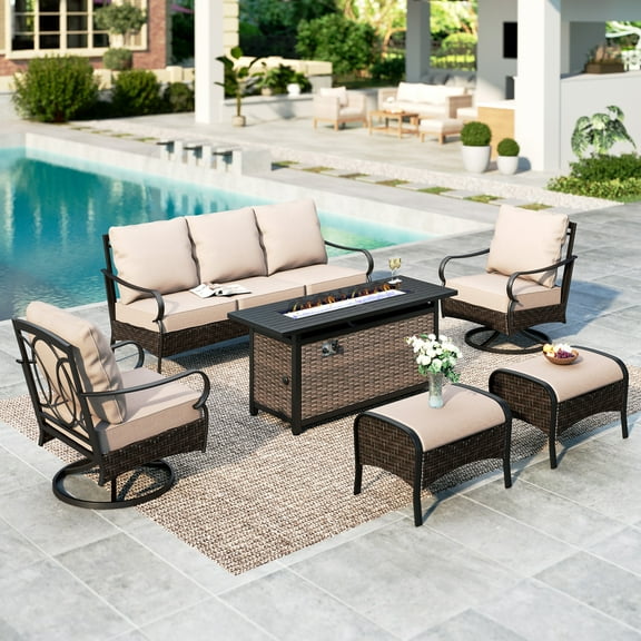 Summit Living 7-Seat Outdoor Patio Conversation Set with 57" Fire Pit Table, Fire Pit Set with Swivel Chair, Beige