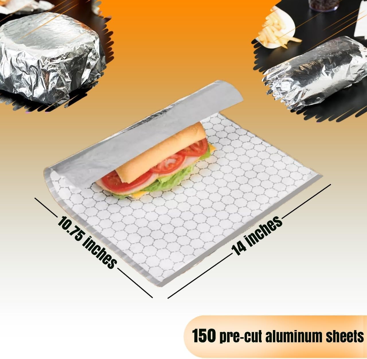 150 sheets Insulation Sandwich Wrapping Paper Aluminum Foil Sheets - 10 3/4" x14" - Aluminum Foil Sandwich Wrap Sheets For Sandwich Wraps, Burritos and BBQ