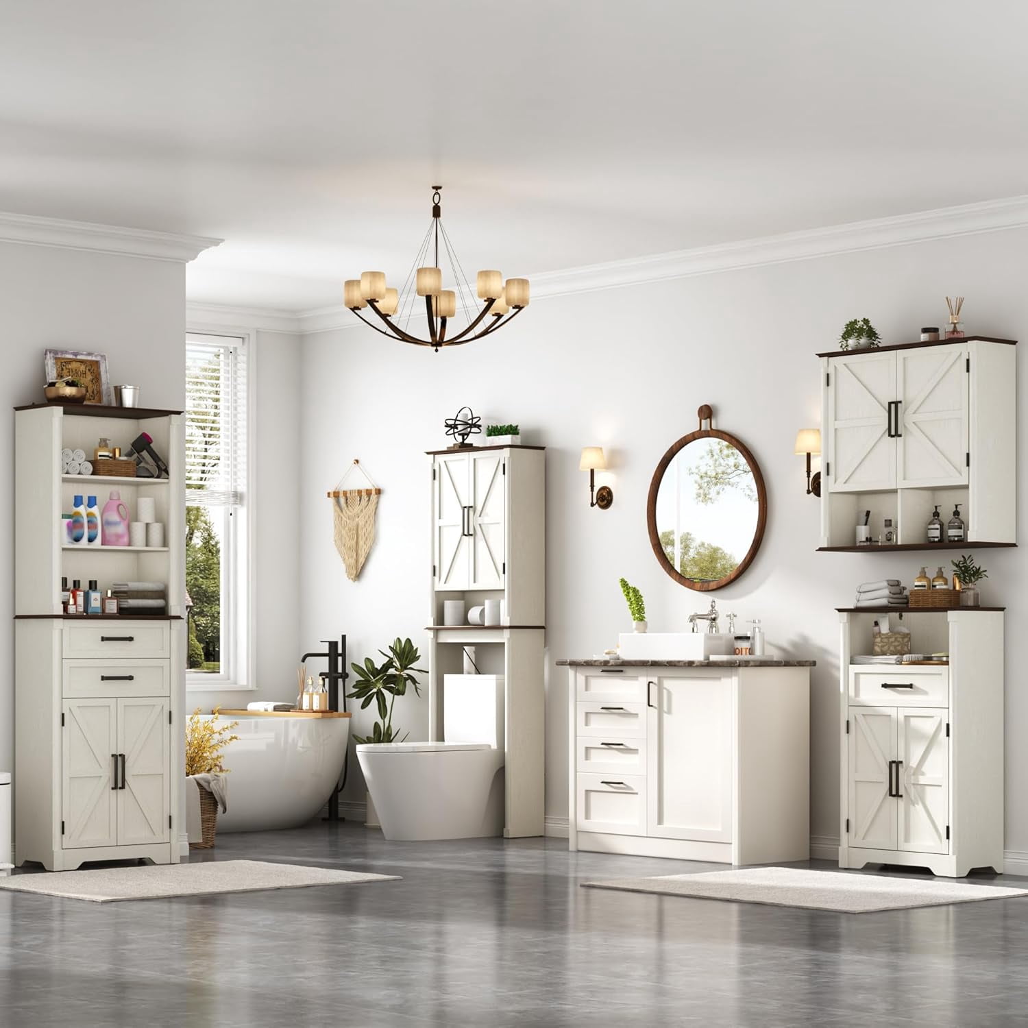 Farmhouse Wall Medicine Cabinets with 2 Barn Doors, Wood Bathroom Storage Cabinet with Roman Column Decor,Farmhouse Double Storage Cabinets with Adjustable Shelf & Door Cabinets, Rustic White