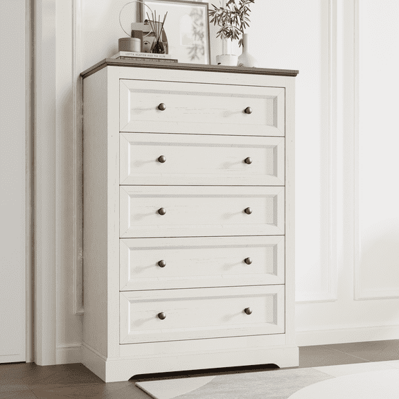 KIGOTY 5 Drawer Dresser for Bedroom, Wood Chest of Drawers, Large Capacity Storage Cabinet, Closet Dresser for Living Room, Nursery, Hallway & Entryway, White